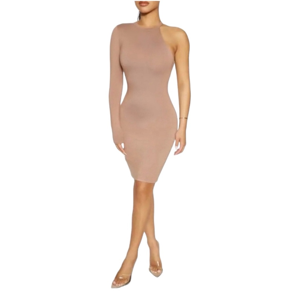 NWOT Naked Wardrobe Camel Brown One Sleeve Bodycon Dress Size XL